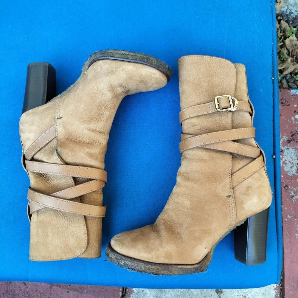 Tory Burch Tan‎ Suede Leather Strappy Buckle Block Heel Ankle Boots